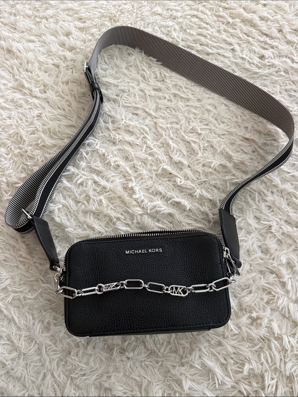 Michael Kors Black Pebbled Leather Crossbody Camera Bag with Silver Chain